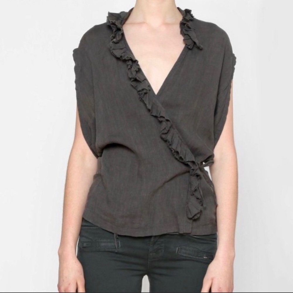 Auth DRIES VAN NOTEN grey ruffle trim wrap top